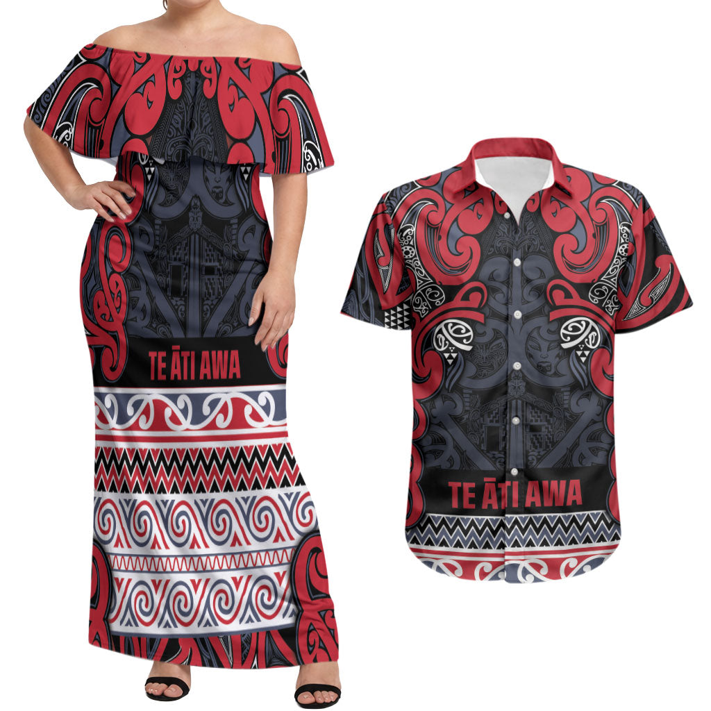 Aotearoa Iwi Te ati Awa Couples Matching Off Shoulder Maxi Dress and Hawaiian Shirt Maori Wharenui House Tribal Pattern