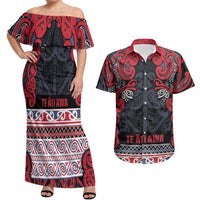Aotearoa Iwi Te ati Awa Couples Matching Off Shoulder Maxi Dress and Hawaiian Shirt Maori Wharenui House Tribal Pattern