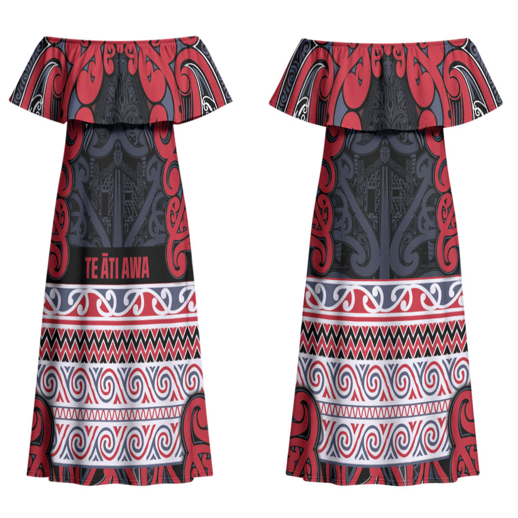 Aotearoa Iwi Te ati Awa Couples Matching Off Shoulder Maxi Dress and Hawaiian Shirt Maori Wharenui House Tribal Pattern