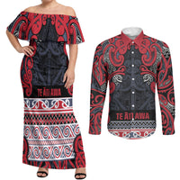 Aotearoa Iwi Te ati Awa Couples Matching Off Shoulder Maxi Dress and Long Sleeve Button Shirt Maori Wharenui House Tribal Pattern