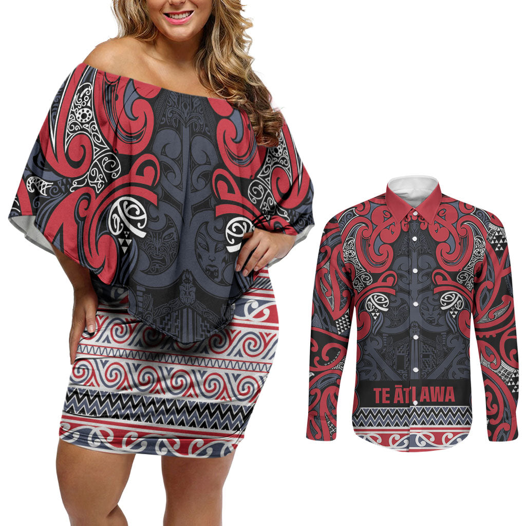 Aotearoa Iwi Te ati Awa Couples Matching Off Shoulder Short Dress and Long Sleeve Button Shirt Maori Wharenui House Tribal Pattern LT9 Bright Red - Polynesian Pride