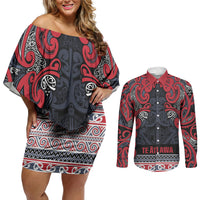 Aotearoa Iwi Te ati Awa Couples Matching Off Shoulder Short Dress and Long Sleeve Button Shirt Maori Wharenui House Tribal Pattern