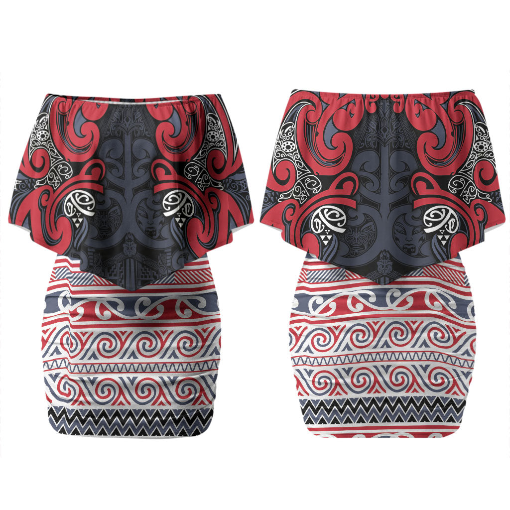Aotearoa Iwi Te ati Awa Couples Matching Off Shoulder Short Dress and Long Sleeve Button Shirt Maori Wharenui House Tribal Pattern