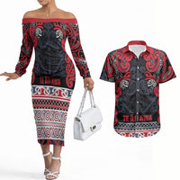 Aotearoa Iwi Te ati Awa Couples Matching Off The Shoulder Long Sleeve Dress and Hawaiian Shirt Maori Wharenui House Tribal Pattern