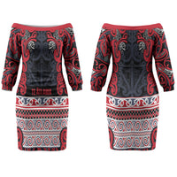 Aotearoa Iwi Te ati Awa Couples Matching Off The Shoulder Long Sleeve Dress and Hawaiian Shirt Maori Wharenui House Tribal Pattern