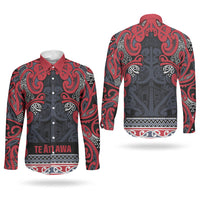 Aotearoa Iwi Te ati Awa Couples Matching Off The Shoulder Long Sleeve Dress and Long Sleeve Button Shirt Maori Wharenui House Tribal Pattern