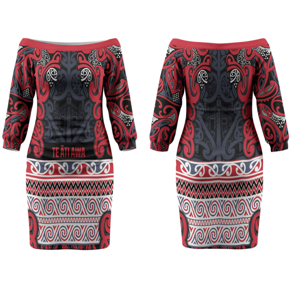 Aotearoa Iwi Te ati Awa Couples Matching Off The Shoulder Long Sleeve Dress and Long Sleeve Button Shirt Maori Wharenui House Tribal Pattern