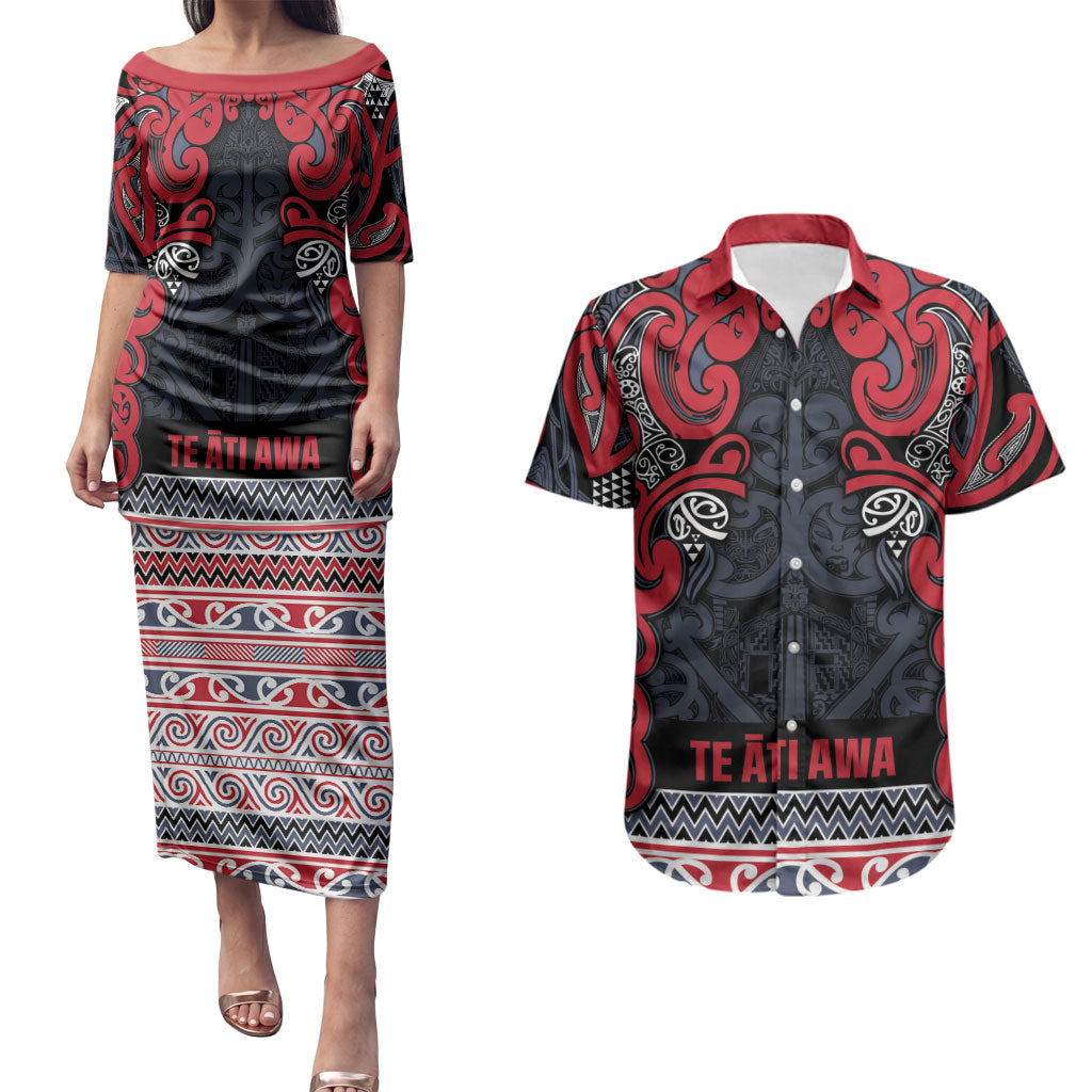 Aotearoa Iwi Te ati Awa Couples Matching Puletasi and Hawaiian Shirt Maori Wharenui House Tribal Pattern