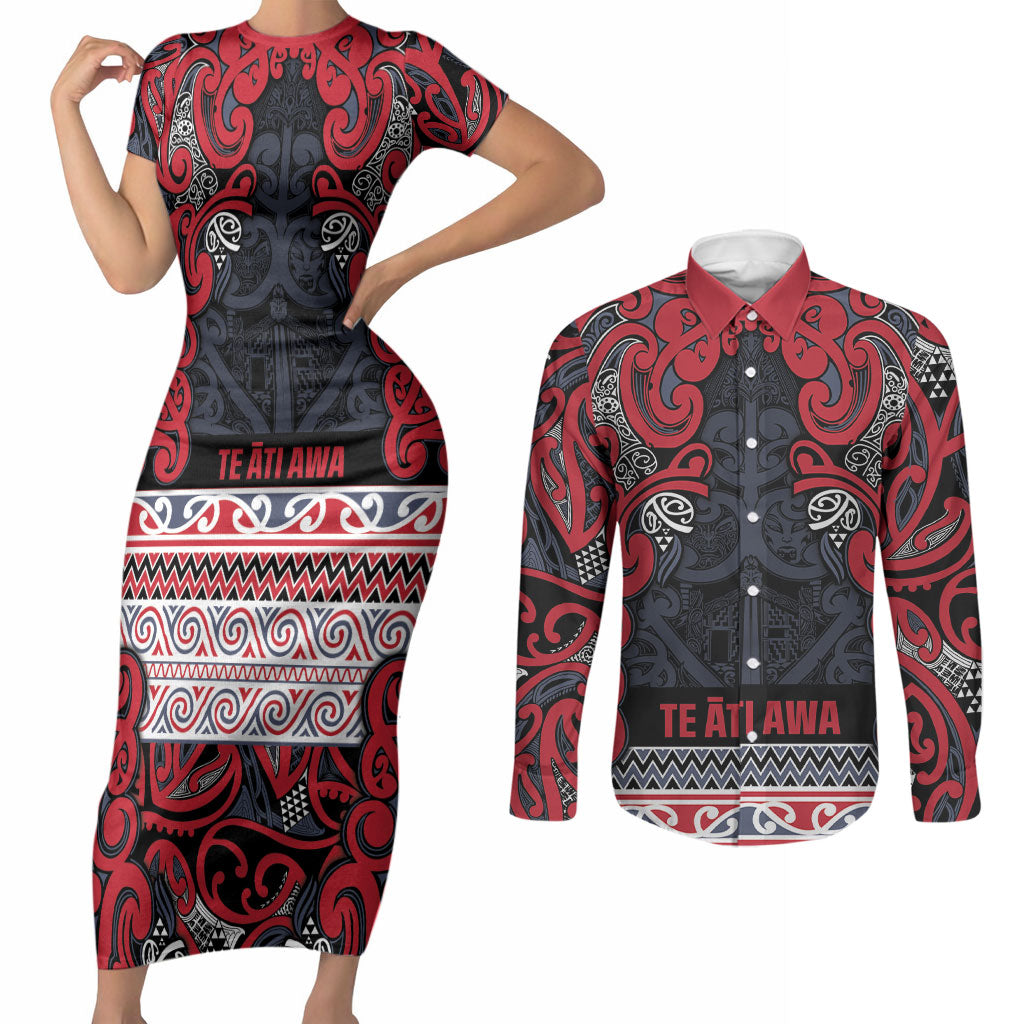 Aotearoa Iwi Te ati Awa Couples Matching Short Sleeve Bodycon Dress and Long Sleeve Button Shirt Maori Wharenui House Tribal Pattern