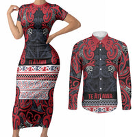 Aotearoa Iwi Te ati Awa Couples Matching Short Sleeve Bodycon Dress and Long Sleeve Button Shirt Maori Wharenui House Tribal Pattern