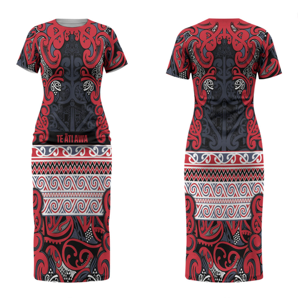 Aotearoa Iwi Te ati Awa Couples Matching Short Sleeve Bodycon Dress and Long Sleeve Button Shirt Maori Wharenui House Tribal Pattern