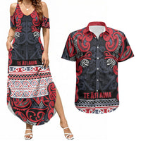 Aotearoa Iwi Te ati Awa Couples Matching Summer Maxi Dress and Hawaiian Shirt Maori Wharenui House Tribal Pattern