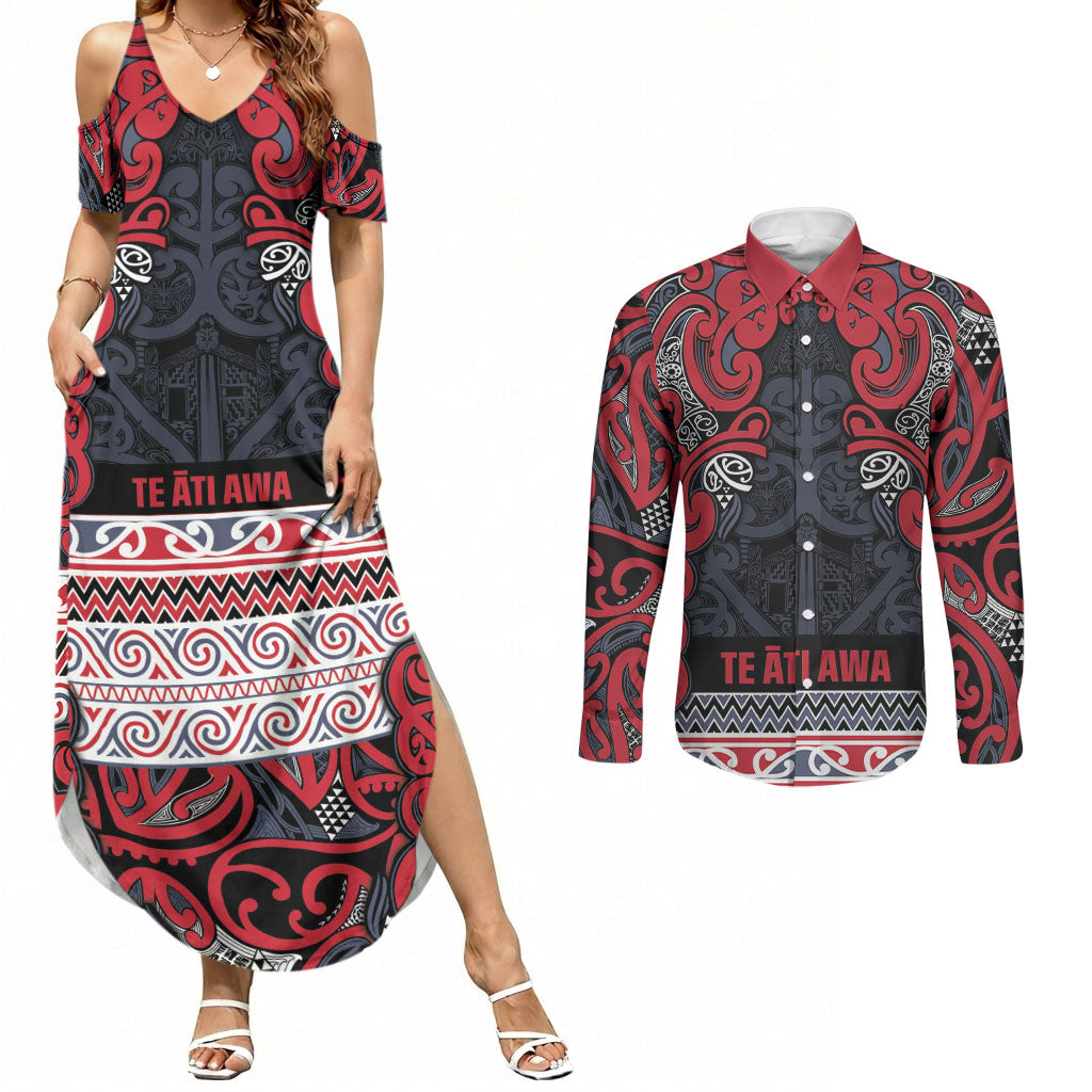 Aotearoa Iwi Te ati Awa Couples Matching Summer Maxi Dress and Long Sleeve Button Shirt Maori Wharenui House Tribal Pattern