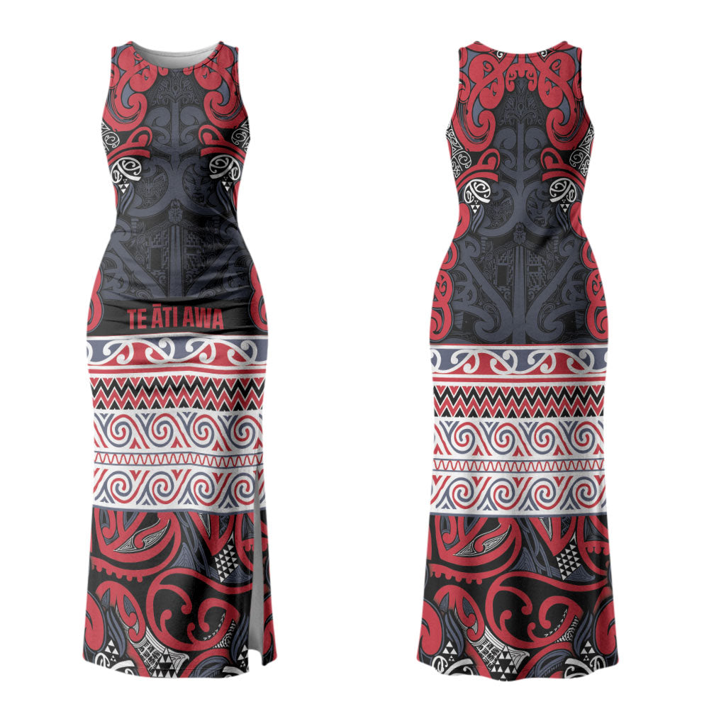 Aotearoa Iwi Te ati Awa Couples Matching Tank Maxi Dress and Long Sleeve Button Shirt Maori Wharenui House Tribal Pattern