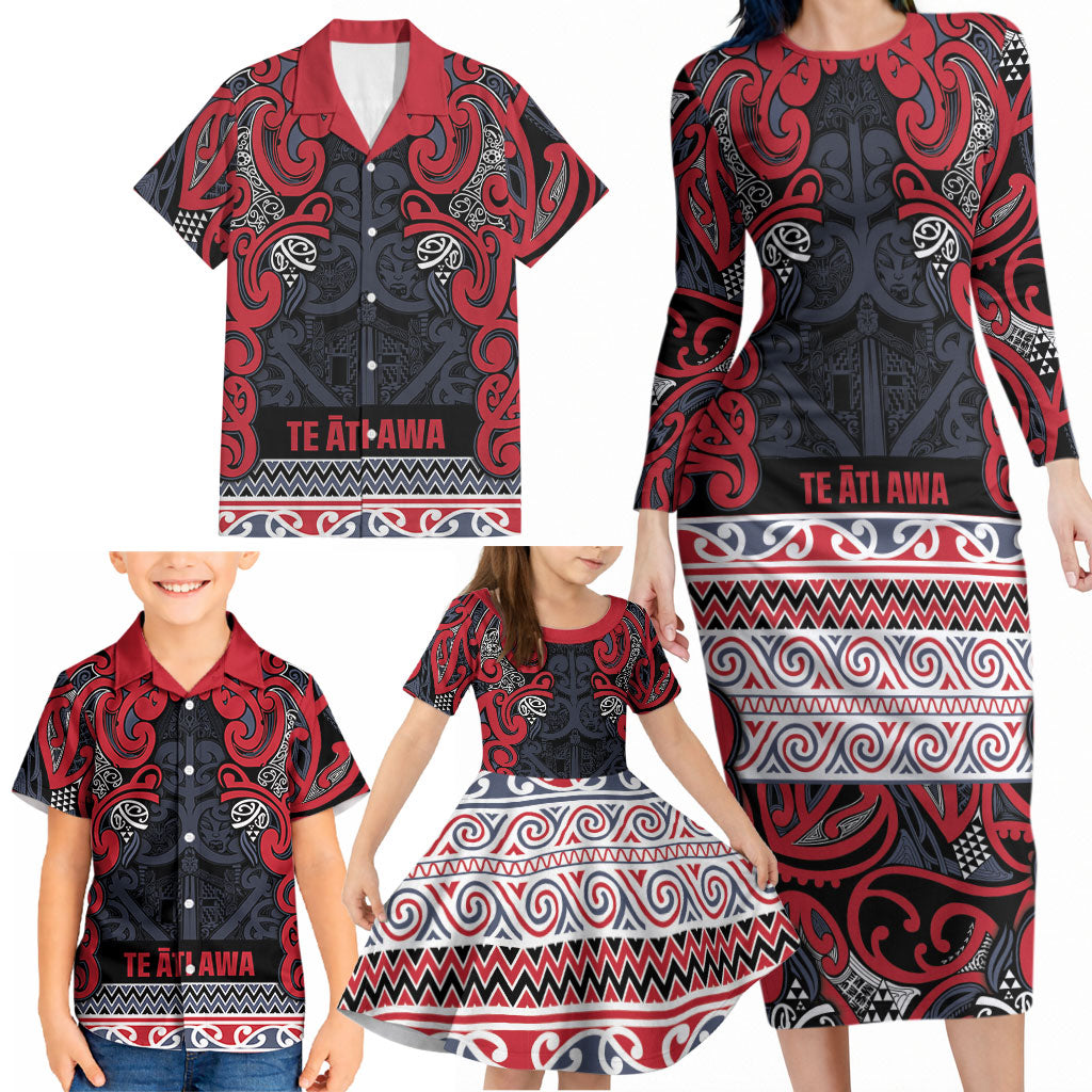 Aotearoa Iwi Te ati Awa Family Matching Long Sleeve Bodycon Dress and Hawaiian Shirt Maori Wharenui House Tribal Pattern