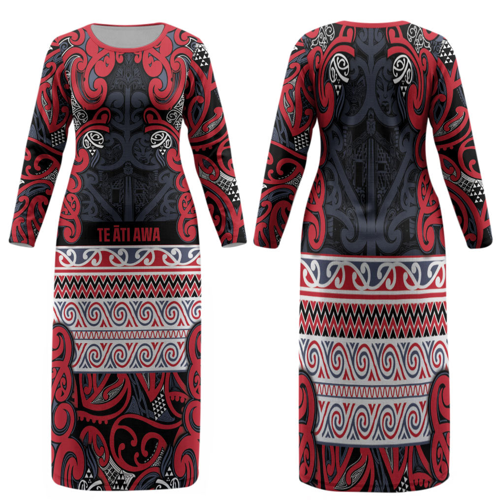Aotearoa Iwi Te ati Awa Family Matching Long Sleeve Bodycon Dress and Hawaiian Shirt Maori Wharenui House Tribal Pattern
