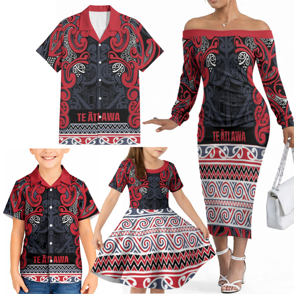 Aotearoa Iwi Te ati Awa Family Matching Off The Shoulder Long Sleeve Dress and Hawaiian Shirt Maori Wharenui House Tribal Pattern LT9 - Polynesian Pride