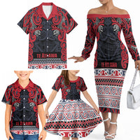 Aotearoa Iwi Te ati Awa Family Matching Off The Shoulder Long Sleeve Dress and Hawaiian Shirt Maori Wharenui House Tribal Pattern