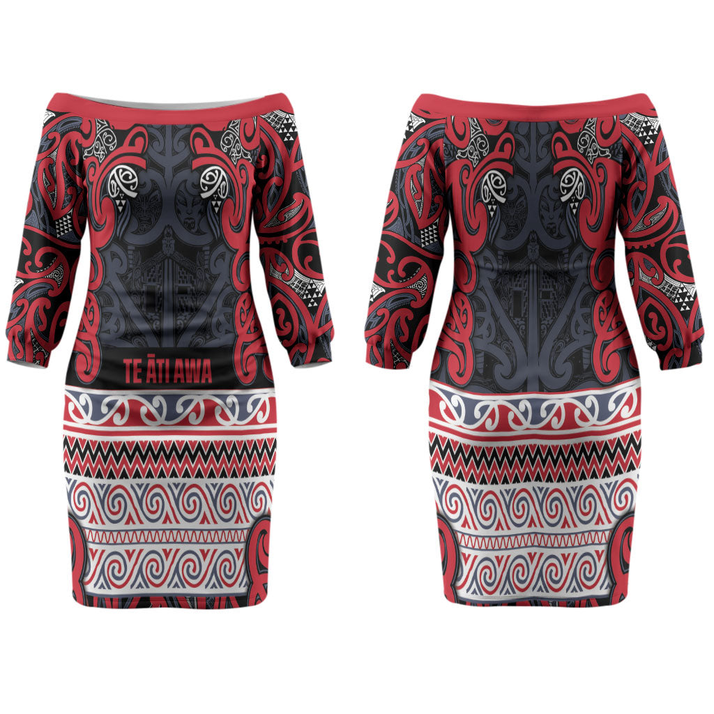 Aotearoa Iwi Te ati Awa Family Matching Off The Shoulder Long Sleeve Dress and Hawaiian Shirt Maori Wharenui House Tribal Pattern
