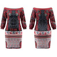 Aotearoa Iwi Te ati Awa Family Matching Off The Shoulder Long Sleeve Dress and Hawaiian Shirt Maori Wharenui House Tribal Pattern