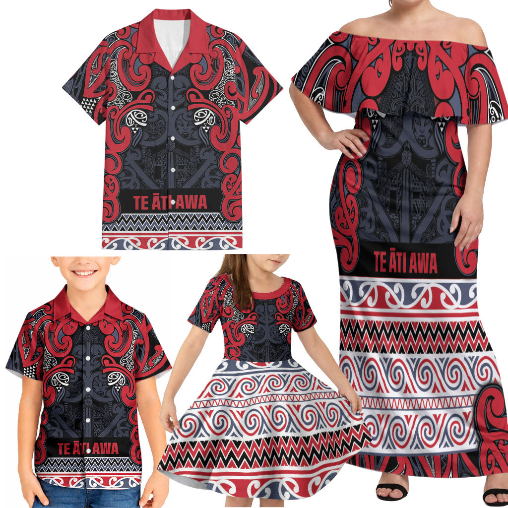 Aotearoa Iwi Te ati Awa Family Matching Off Shoulder Maxi Dress and Hawaiian Shirt Maori Wharenui House Tribal Pattern