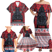 Aotearoa Iwi Te ati Awa Family Matching Off Shoulder Maxi Dress and Hawaiian Shirt Maori Wharenui House Tribal Pattern