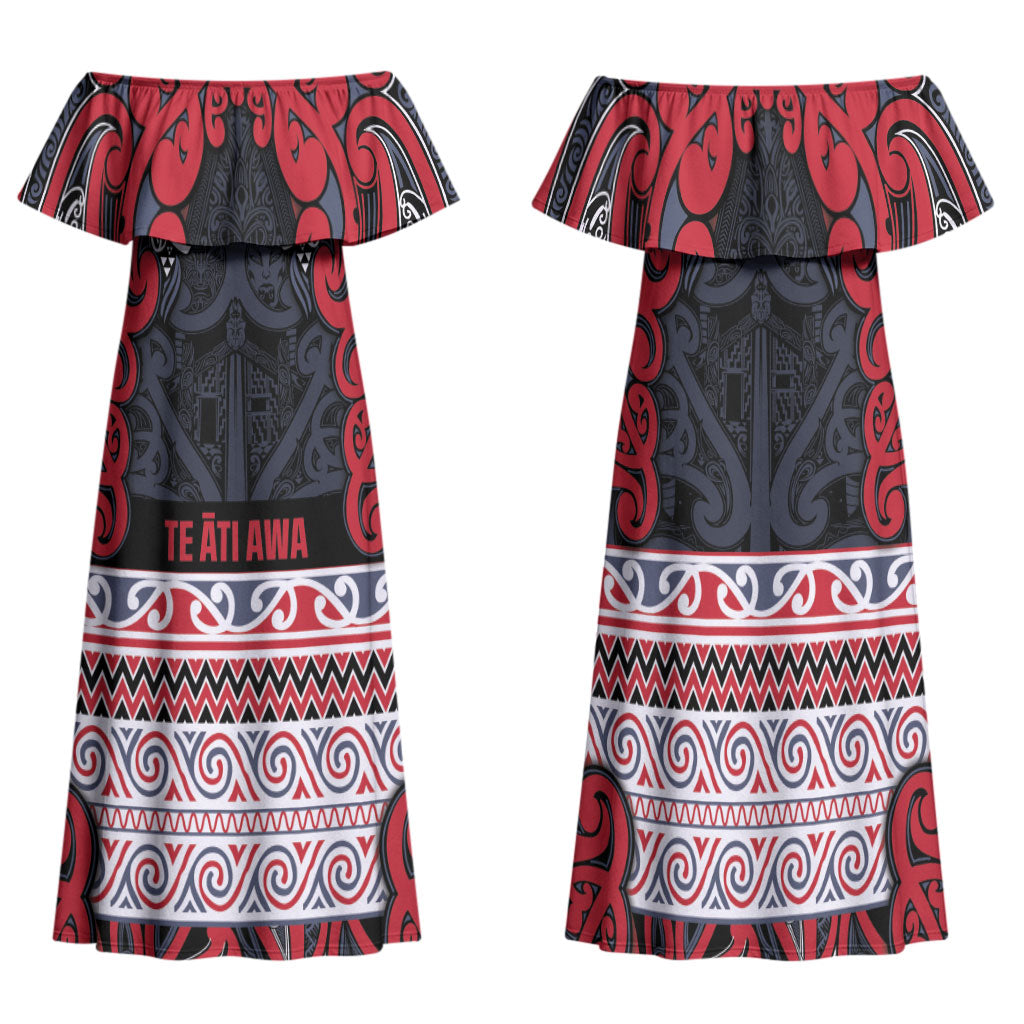 Aotearoa Iwi Te ati Awa Family Matching Off Shoulder Maxi Dress and Hawaiian Shirt Maori Wharenui House Tribal Pattern