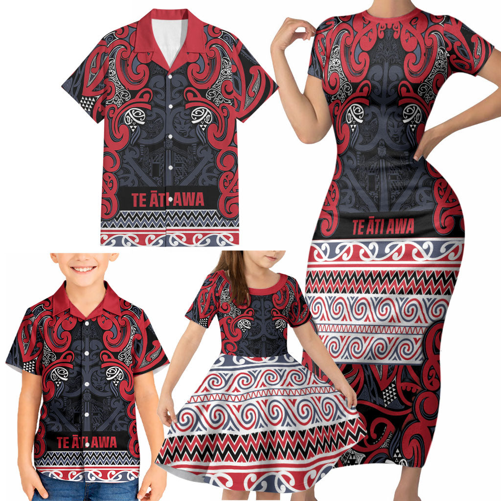 Aotearoa Iwi Te ati Awa Family Matching Short Sleeve Bodycon Dress and Hawaiian Shirt Maori Wharenui House Tribal Pattern