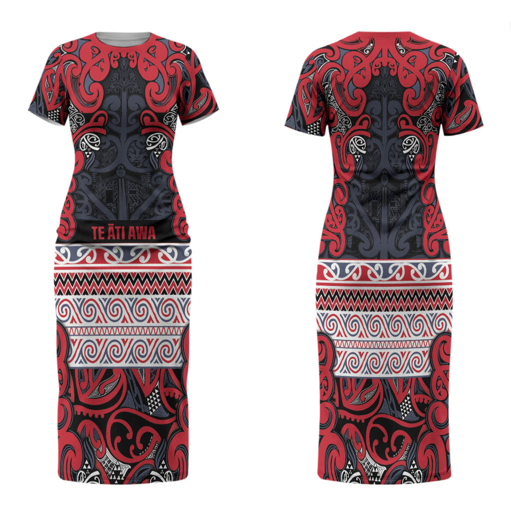 Aotearoa Iwi Te ati Awa Family Matching Short Sleeve Bodycon Dress and Hawaiian Shirt Maori Wharenui House Tribal Pattern