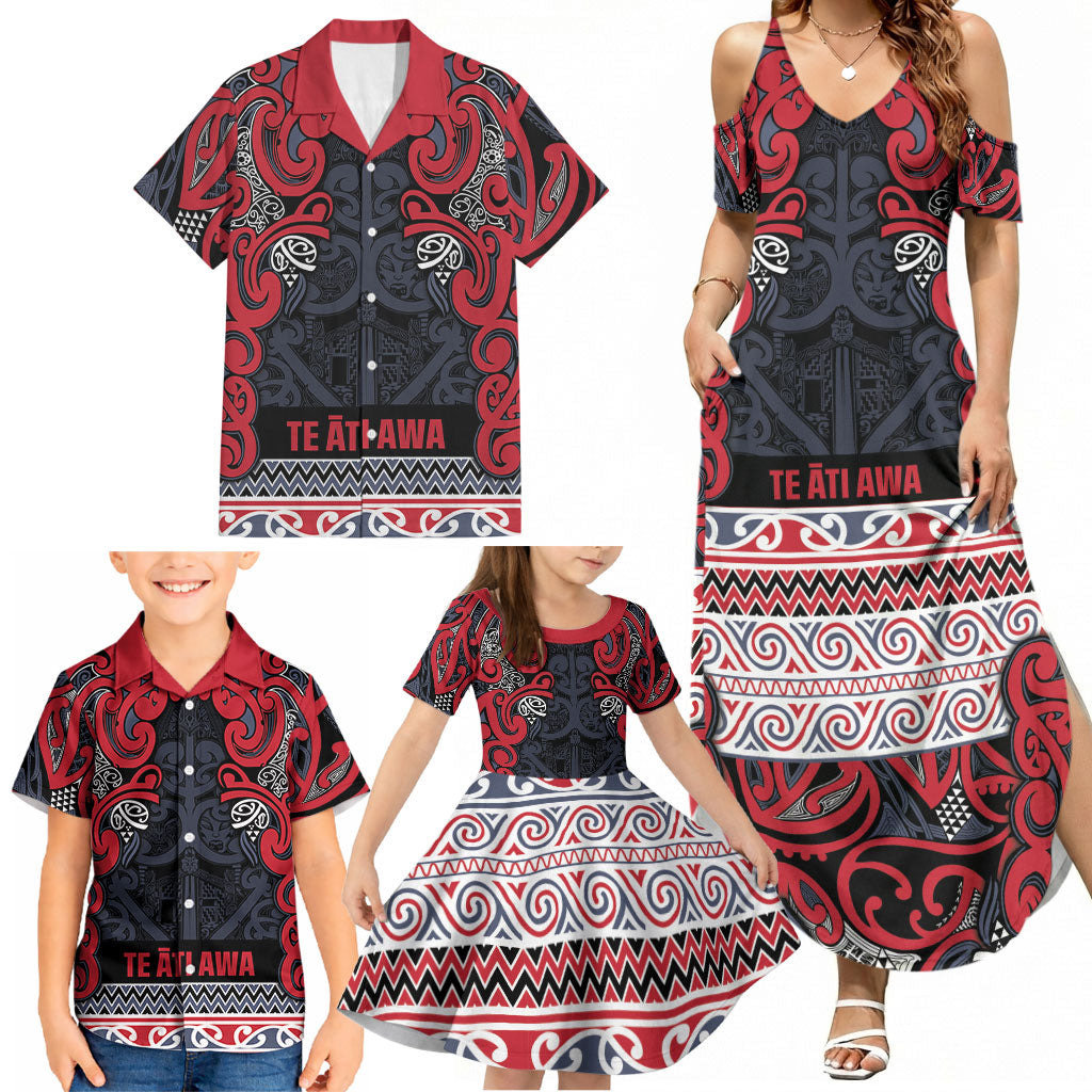 Aotearoa Iwi Te ati Awa Family Matching Summer Maxi Dress and Hawaiian Shirt Maori Wharenui House Tribal Pattern