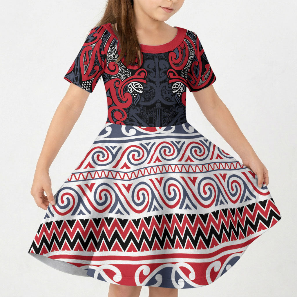 Aotearoa Iwi Te ati Awa Kid Short Sleeve Dress Maori Wharenui House Tribal Pattern