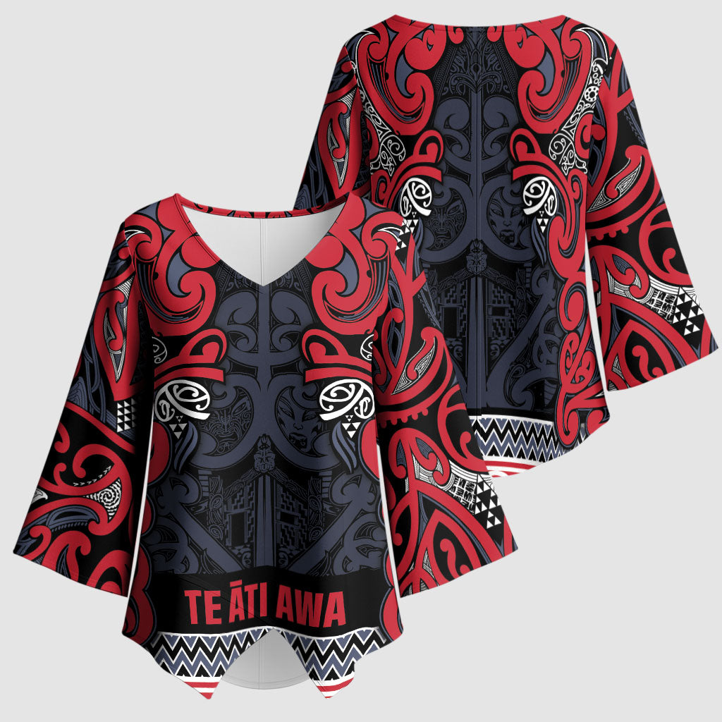 Aotearoa Iwi Te ati Awa Kimono Sleeve Blouse Maori Wharenui House Tribal Pattern