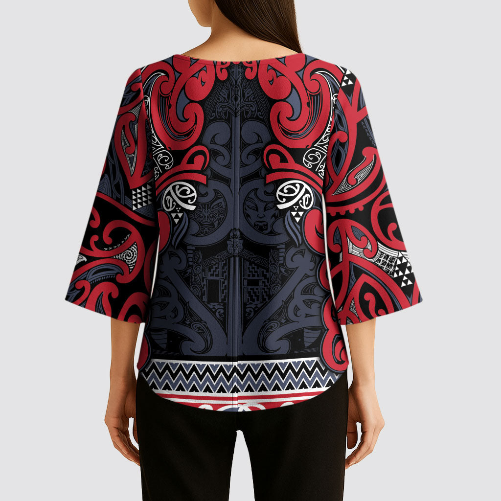 Aotearoa Iwi Te ati Awa Kimono Sleeve Blouse Maori Wharenui House Tribal Pattern