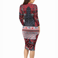 Aotearoa Iwi Te ati Awa Long Sleeve Bodycon Dress Maori Wharenui House Tribal Pattern
