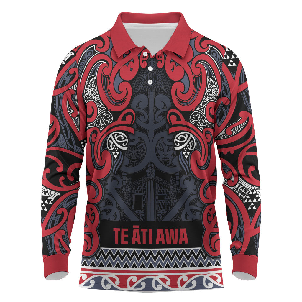 Aotearoa Iwi Te ati Awa Long Sleeve Polo Shirt Maori Wharenui House Tribal Pattern