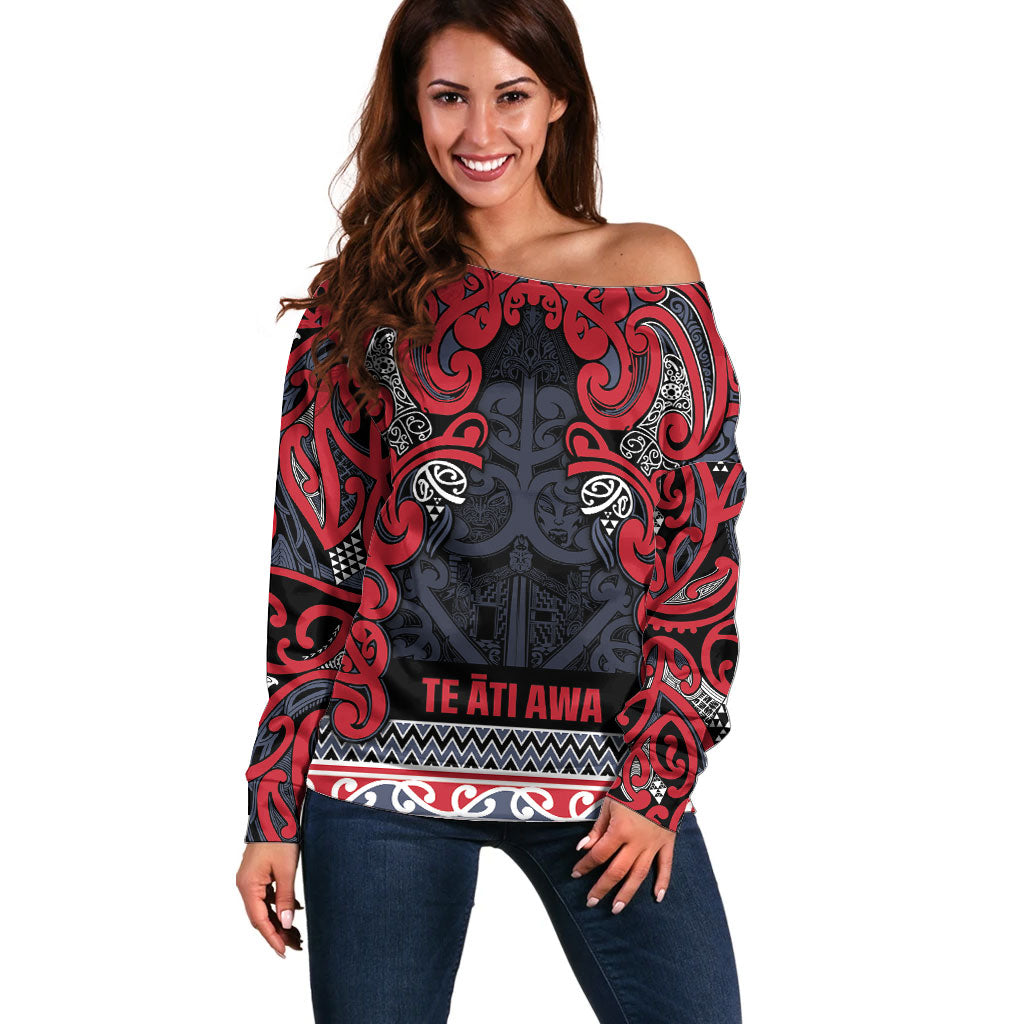 Aotearoa Iwi Te ati Awa Off Shoulder Sweater Maori Wharenui House Tribal Pattern