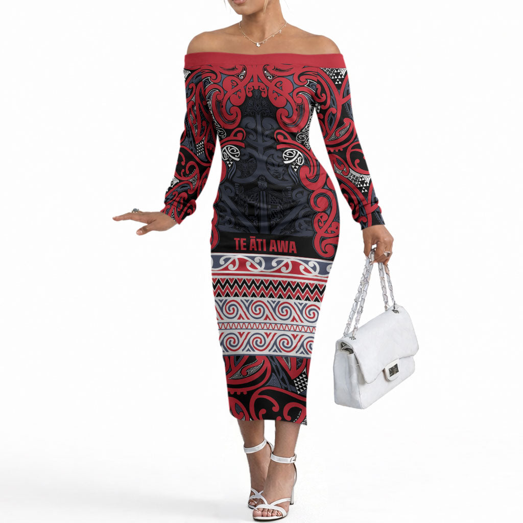 Aotearoa Iwi Te ati Awa Off The Shoulder Long Sleeve Dress Maori Wharenui House Tribal Pattern