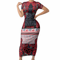 Aotearoa Iwi Te ati Awa Short Sleeve Bodycon Dress Maori Wharenui House Tribal Pattern