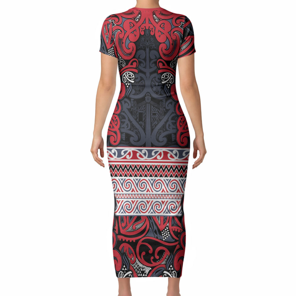 Aotearoa Iwi Te ati Awa Short Sleeve Bodycon Dress Maori Wharenui House Tribal Pattern