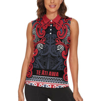 Aotearoa Iwi Te ati Awa Women Sleeveless Polo Shirt Maori Wharenui House Tribal Pattern