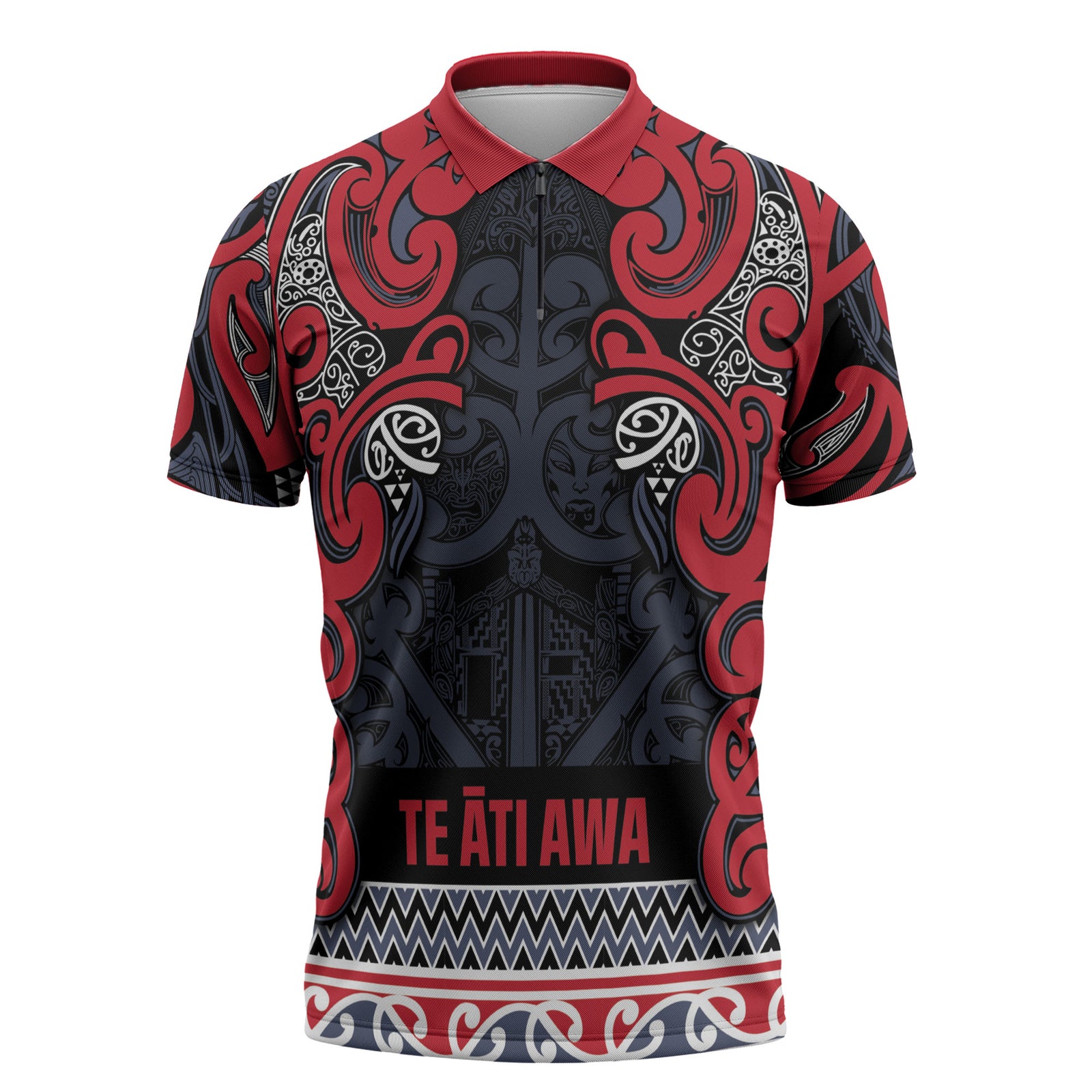 Aotearoa Iwi Te ati Awa Zipper Polo Shirt Maori Wharenui House Tribal Pattern LT9 Bright Red - Polynesian Pride