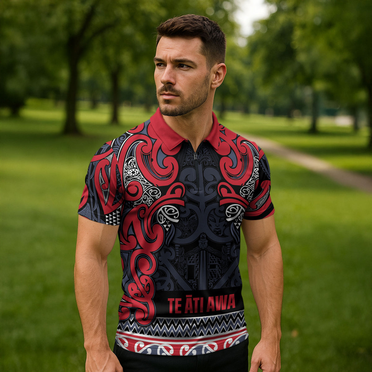Aotearoa Iwi Te ati Awa Zipper Polo Shirt Maori Wharenui House Tribal Pattern