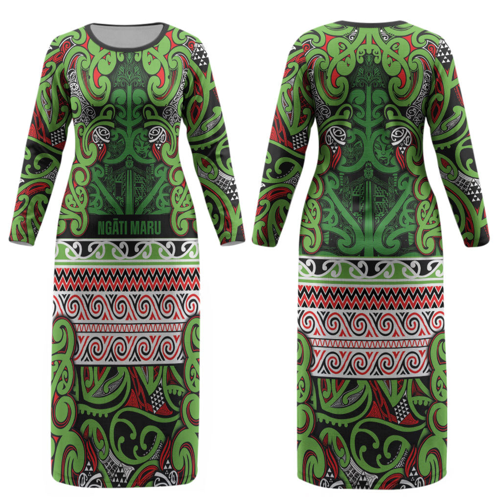 Aotearoa Iwi Ngati Maru Hauraki Couples Matching Long Sleeve Bodycon Dress and Hawaiian Shirt Maori Wharenui House Tribal Pattern