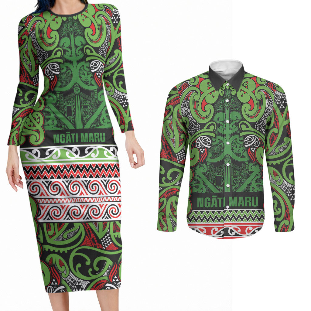 Aotearoa Iwi Ngati Maru Hauraki Couples Matching Long Sleeve Bodycon Dress and Long Sleeve Button Shirt Maori Wharenui House Tribal Pattern LT9 Green Red - Polynesian Pride
