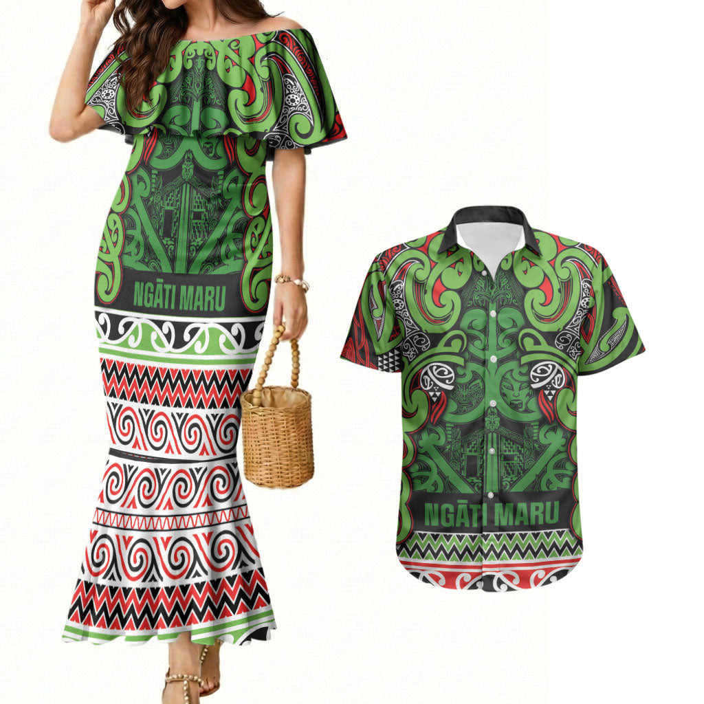Aotearoa Iwi Ngati Maru Hauraki Couples Matching Mermaid Dress and Hawaiian Shirt Maori Wharenui House Tribal Pattern