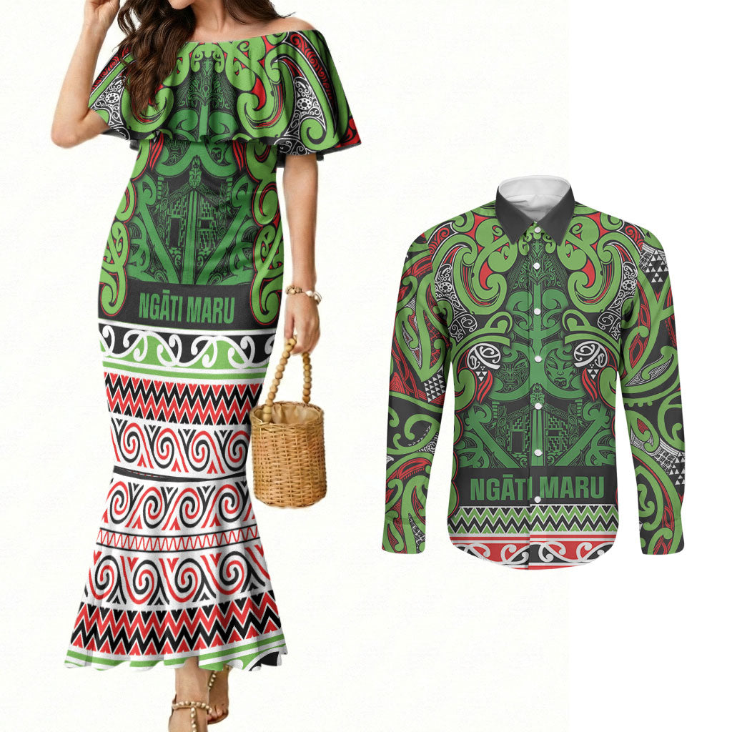 Aotearoa Iwi Ngati Maru Hauraki Couples Matching Mermaid Dress and Long Sleeve Button Shirt Maori Wharenui House Tribal Pattern