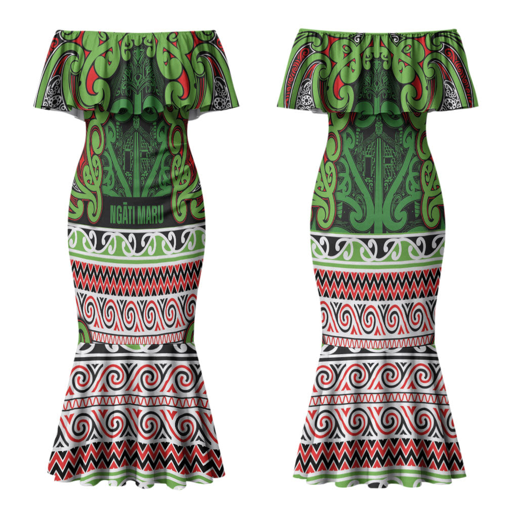 Aotearoa Iwi Ngati Maru Hauraki Couples Matching Mermaid Dress and Long Sleeve Button Shirt Maori Wharenui House Tribal Pattern