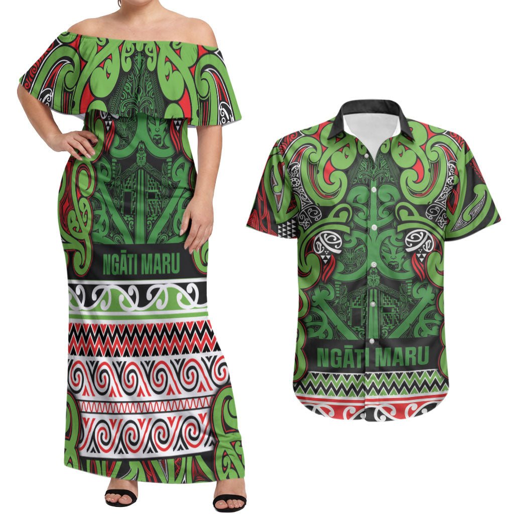 Aotearoa Iwi Ngati Maru Hauraki Couples Matching Off Shoulder Maxi Dress and Hawaiian Shirt Maori Wharenui House Tribal Pattern