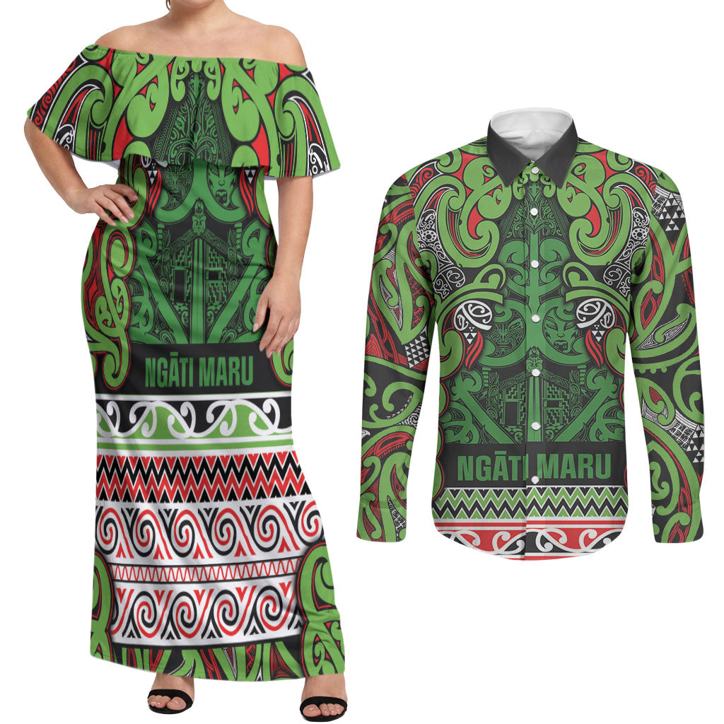 Aotearoa Iwi Ngati Maru Hauraki Couples Matching Off Shoulder Maxi Dress and Long Sleeve Button Shirt Maori Wharenui House Tribal Pattern LT9 Green Red - Polynesian Pride
