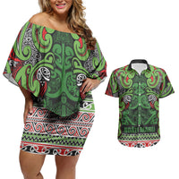 Aotearoa Iwi Ngati Maru Hauraki Couples Matching Off Shoulder Short Dress and Hawaiian Shirt Maori Wharenui House Tribal Pattern